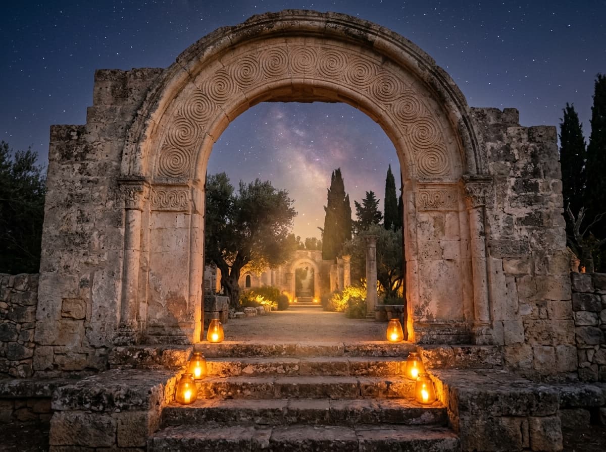 Ancient Mediterranean limestone archway with sacred geometry carvings framing a twilight courtyard sanctuary with glowing lanterns and starry cosmos