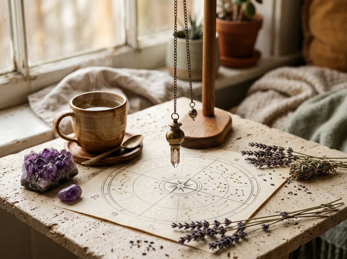 Antique brass and crystal dowsing pendulum suspended over a celestial intuition chart beside raw amethyst crystal, dried lavender, and steaming tea on cream travertine