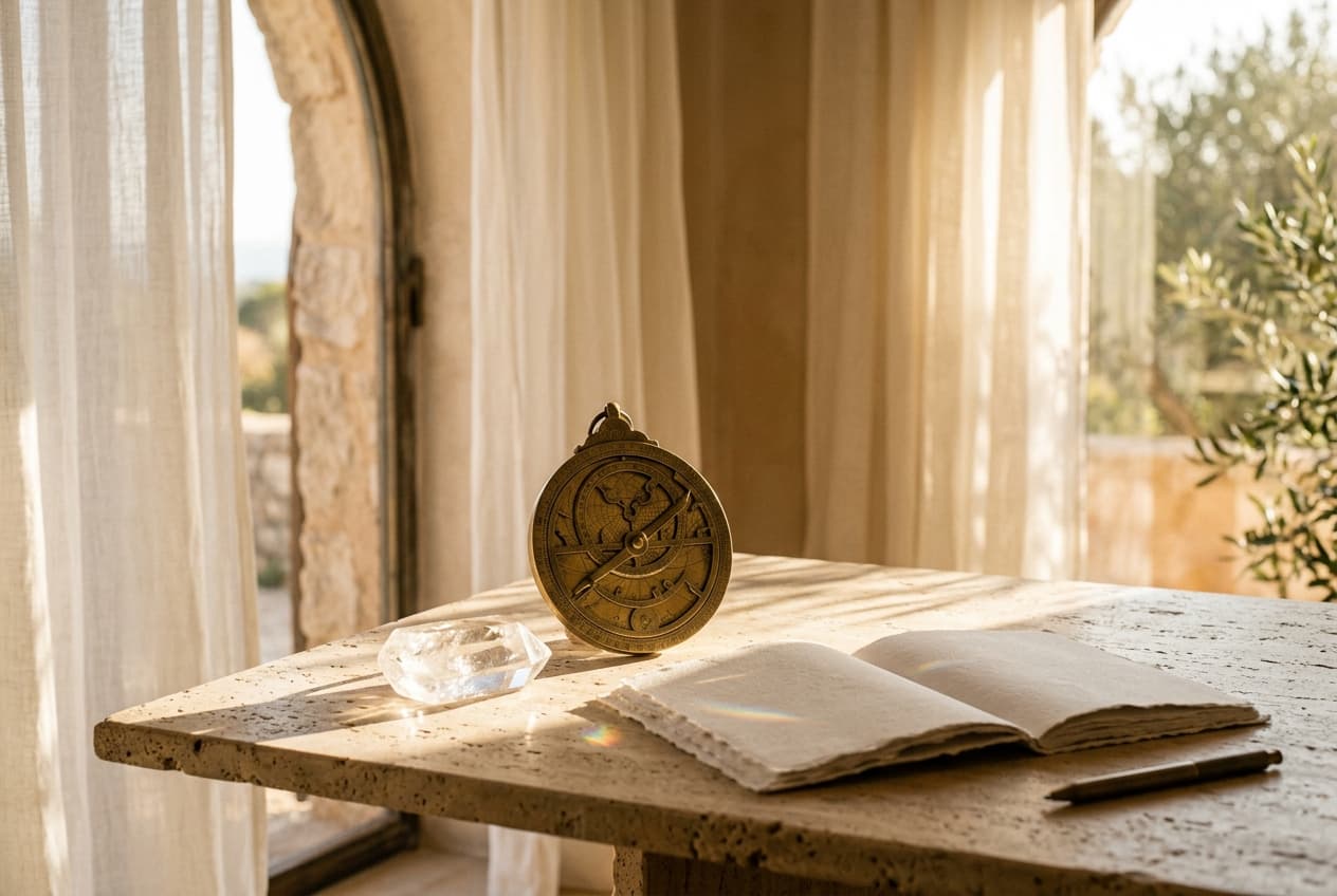 Golden morning light streaming through an arched window onto a brass astrolabe, raw quartz crystal, and open handmade journal