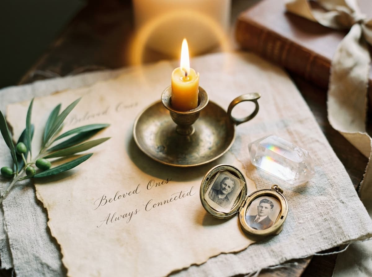 Evidential mediumship still life with illuminated beeswax candle casting a golden halo, antique brass locket, rainbow prism crystal, and olive leaves on warm parchment and linen