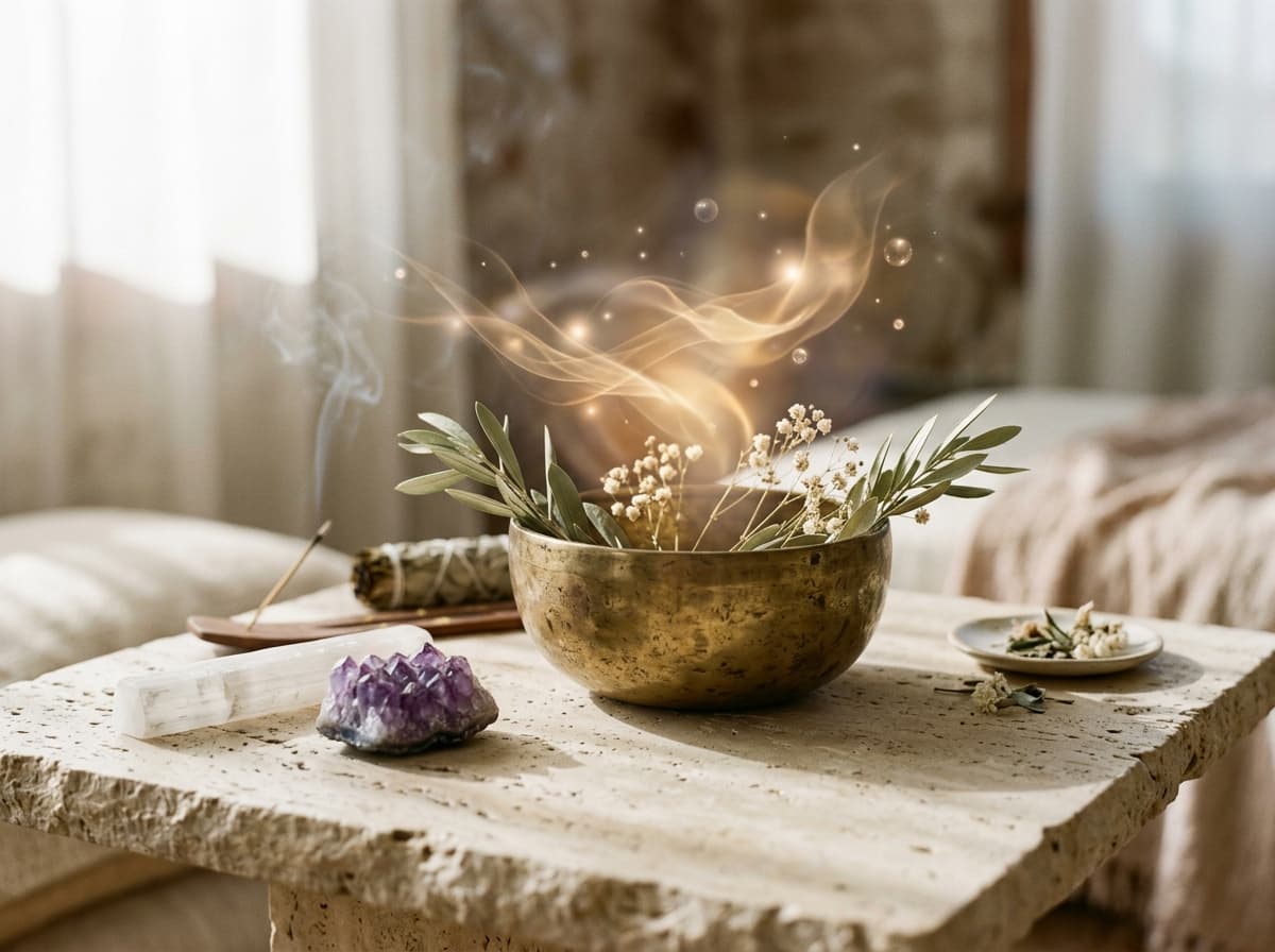 Sacred spirit guide connection altar with glowing ethereal golden presence wisps above a brass offering bowl, raw selenite wand, and amethyst crystal on warm travertine