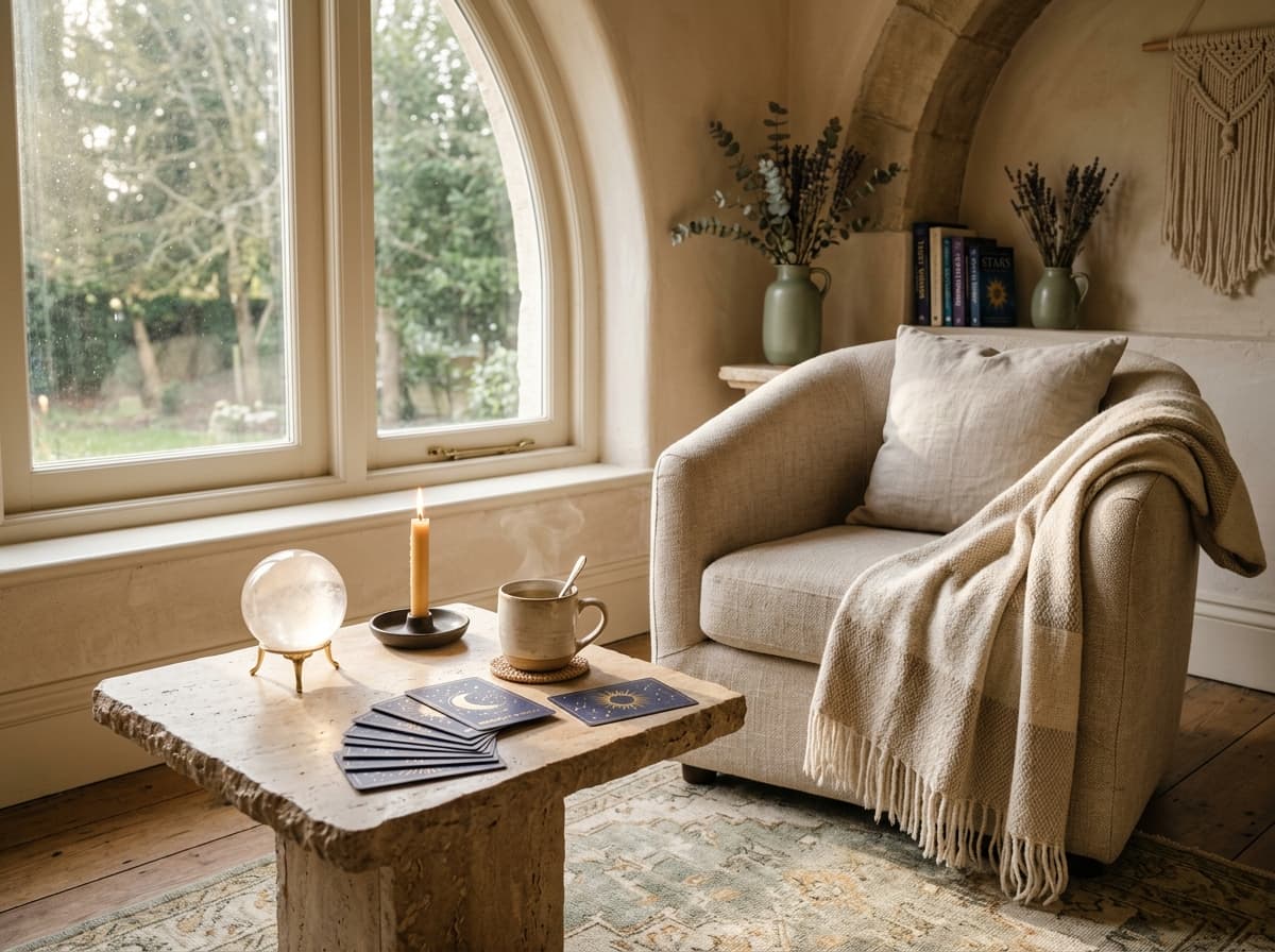 Sunlit intuitive reading sanctuary corner with oatmeal linen armchair, glowing crystal scrying sphere, beeswax candle, and celestial oracle cards on travertine side table